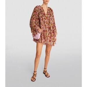 NWT DǑEN Women's Pink Floral Idette Tiered Ruffle Silk-Georgette Mini Dress XS
